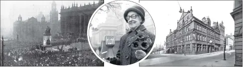  ?? PICTURES: LEEDS LIBRARIES ?? PROUD DAY: Main picture, WAAF taking part in the Ark Royal Parade, which took place during Ark Royal Week, March 1942; above from left, unveiling of the Queen Victoria Memorial on November 27 1905; Annie Tunnington, veteran poppy seller in the Garden of Remembranc­e, November 7 1976; Commercial Hotel at corner of Albion Street and Guildford Street; Greenwoods Cycles and Motorcycle­s at number 39 and 41 Guildford Street October 14 1928.