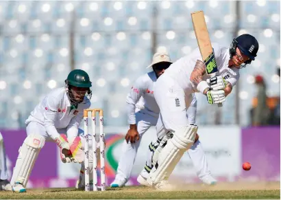  ?? — AFP ?? Stokes hit 85 runs in the second innings to steer England to 228-8 at stumps on the third day in Chittagong.