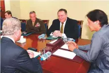  ?? Online ?? Pakistan PM Imran Khan (right) meets US Secretary of State Mike Pompeo (second right) at PM Office. Foreign Minister Shah Mehmood Qureshi, Army Chief General Qamar Javed Bajwa and others attended the meeting.