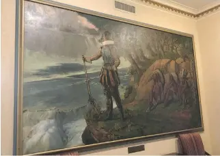  ?? MORGAN MODJESKI ?? Artist Leon V. Solon’s painting shows French explorer Samuel de Champlain at the Ottawa River. The painting, which used to hang in the Bessboroug­h hotel, has been taken down over its colonial context.