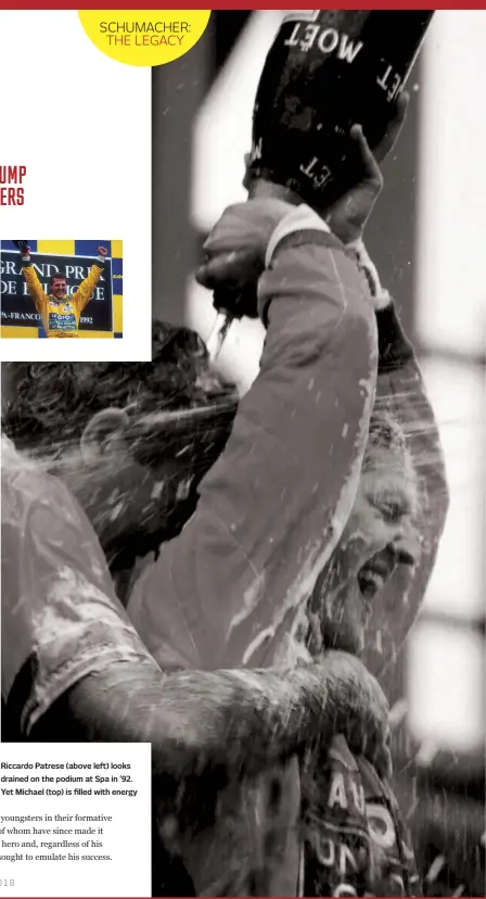  ??  ?? Riccardo Patrese (above left) looks drained on the podium at Spa in ’92. Yet Michael (top) is filled with energy