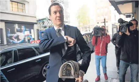  ?? Pictures: PA. ?? Former chancellor George Osborne arrives at the London Evening Standard offices for his first day as editor. Below, his first front page.