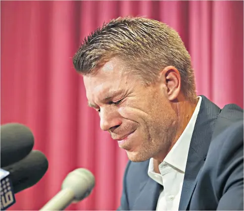  ??  ?? Pain game: David Warner breaks down as he speaks of the scandal involving himself, Steve Smith and Cameron Bancroft (inset)