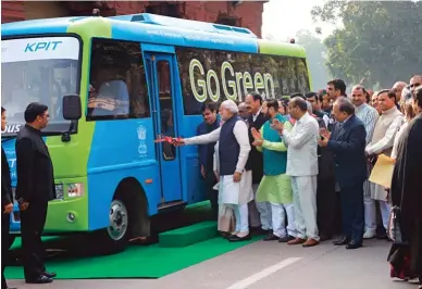 ??  ?? KPIT in associatio­n with CIRT has retrofitte­d two buses with electric propulsion technology to ferry parliament­arians.