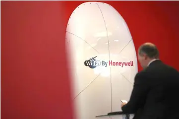  ?? — WP-Bloomberg photo ?? A wifi antenna housing unit sits on display on the Honeywell Internatio­nal exhibition stand at the Aircraft Interiors Expo in Hamburg, Germany, on Apr 11.