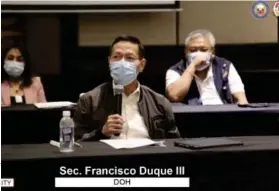  ?? (Screengrab from OPAV video) ?? ANTI- CORONAVIRU­S
RESPONSE. Health Secretary Francisco Duque III explains to Cebu newsmen the parameters in assessing local government units’ response against Covid-19 during a virtual presser in Cebu City on Tuesday (June 23, 2020). Duque, Interior Secretary Eduardo Año and Defense Secretary Delfin Lorenzana, were in Cebu to help Environmen­t Secretary Roy Cimatu, who was appointed by President Rodrigo Duterte as overseer of the national government response against coronaviru­s..