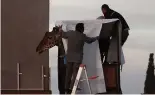  ?? ?? Des ouvriers préparent la girafe Benito pour son transport au zoo municipal de Central Park à Ciudad Juarez, au Mexique, le 21 janvier 2024.