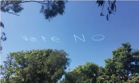  ??  ?? Anti same-sex marriage skywriting is just one example of measures taken to persuade Australian­s as a national survey gets under way. Photograph: Lenore Taylor for the Guardian