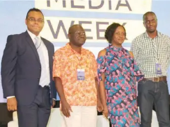  ??  ?? L-R: CEO, Agilent Wireless Ltd, Lawrence Gilbert; Vice President of Industrial Global Union, Comrade Isa Aremu; Moderator, Chioma Chuka; and Co-Founder, Co-Creation Hub, Femi Longe, at the “PenCom Meet and Greet” session at the Social Media Week