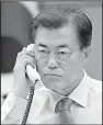  ?? AP ?? South Korean President Moon Jae-in speaks with Japanese Prime Minister Shinzo Abe by phone Friday. Abe asked Moon to reconsider donating $8 million in U.N. humanitari­an aid to North Korea.