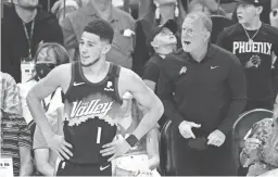  ?? MARK J. REBILAS/USA TODAY SPORTS ?? Suns owner Robert Sarver reacts alongside guard Devin Booker (1) during an NBA Finals game against the Bucks on July 8.