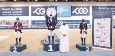  ??  ?? Podium finishers of Prelim (Level 2) dressage Longines Hathab Round 4 with Ali Al Rumaihi at Qatar Equestrian Federation on Saturday.