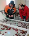  ??  ?? Miles Lamare, left, from the University of Otago and Antonio Garcia from the University of Brussels examine starfish harvested from Mcmurdo Sound.