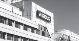  ?? AP ?? The Airbus logo is displayed in front of its headquarte­rs in Toulouse, western France.