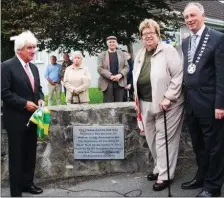  ??  ?? Tom O’Neill and Rosemary O’Neill, the son and daughter of the late Tip O’Neill, with the then Mayor of Mallow, Noel O’Connor, at the unveiling of a plaque in memory of their late father at Tip O’Neill Memorial Park in Mallow in 2012.