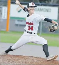  ?? JASON SIMMONDS/JOURNAL PIONEER ?? Eric Anderson delivers a pitch for the host Summerside Chevys during Friday night’s game against Nova Scotia at the Baseball Canada national 15-under championsh­ip. Anderson tossed a complete game in the Reds’ 4-1 win before a good crowd at Queen...