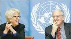  ?? — Reuters ?? Paulo Pinheiro, Chairperso­n of the Independen­t Commission of Inquiry on the Syrian Arab Republic (R), waits with co-member Carla del Ponte before a news conference into events in Aleppo in Geneva, Switzerlan­d, on Wednesday.