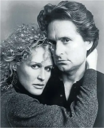  ??  ?? POT BOILER: Glenn Close and Michael Douglas in ’Fatal Attraction’, a film about a woman who becomes obsessive after a weekend of infidelity with a colleague