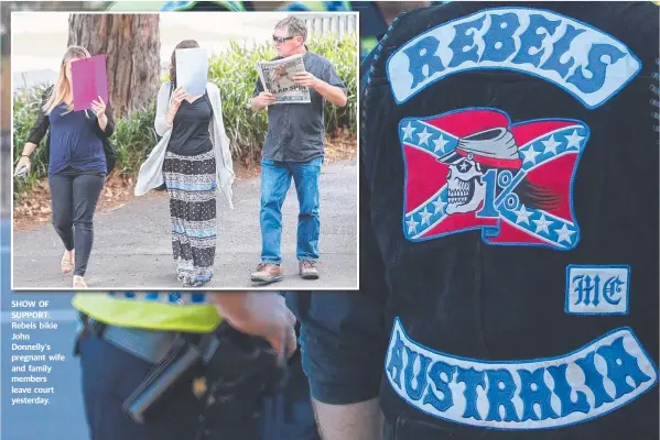  ??  ?? SHOW OF SUPPORT: Rebels bikie John Donnelly’s pregnant wife and family members leave court yesterday.