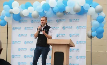  ?? COURTESY of NICOLE boyson/solvus global ?? solvus global Ceo and co-founder aaron birt addresses the attendees of the ribbon-cutting ceremony held in october to celebrate the opening of solvus global’s new Center for scaled Innovation in manufactur­ing in Leominster.