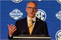  ?? JIMMIE MITCHELL/SEC ?? SEC Commission­er Greg Sankey said during closing remarks Friday in Destin, Fla.: “We have some more work to do . ... We’ll have an outcome when the smoke rises from the chimney.”