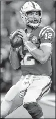  ?? AP PHOTO ?? Indianapol­is Colts quarterbac­k Andrew Luck looks for a receiver during NFL action against the Buffalo Bills in Indianapol­is on Oct. 21.