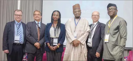  ??  ?? L-R: Minister Counsellor, Consulate General of Denmark, Lagos, H.E. Mr. Poul Jacob Erikstrup; Charge d'affaires, Embassy of Sweden in Nigeria, H.E. Mr. Staffan Tillander; First Secretary, Embassy of Norway, Ms. Aida Ghebresela­ssie; Representa­tive of H.E. Prof. Yemi Osinbanjo, Vice President of the Federal TRepublic of Nigeria, and Director General, National Informatio­n Technology Developmen­t Agency (NITDA), Dr. Isa Ali Ibrahim, and Ambassador of Finland to Nigeria, H.E. Dr. Jyrki pulkkinen