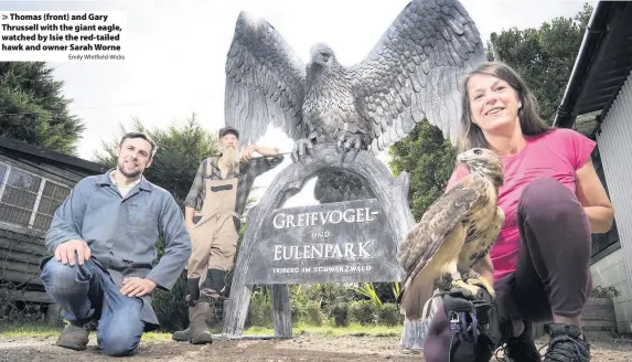  ?? Emily Whitfield-Wicks ?? > Thomas (front) and Gary Thrussell with the giant eagle, watched by Isie the red-tailed hawk and owner Sarah Worne