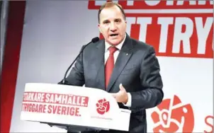  ?? AFP ?? Swedish prime minister and leader of the Social Democrat Party Stefan Lofven addresses supporters following general election results in Stockholm on Sunday night.