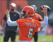  ?? TIM PHILLIS — FOR THE NEWS-HERALD ?? Baker Mayfield looks to pass during Browns training camp Aug. 21.