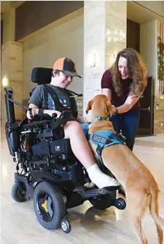  ?? Photos by Laura McKenzie/ College Station Eagle via AP ?? left
Kristen Cox surprises 14-year-old Austin Stelly with Astro, a service dog that was part of the research done on dogs with Duchenne muscular dystrophy, July 20 during his visit to Texas A&M in College Station, Texas. Astro was born without the...