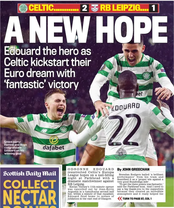  ??  ?? Green party: Forrest and Rogic congratula­te Edouard on his winning goal