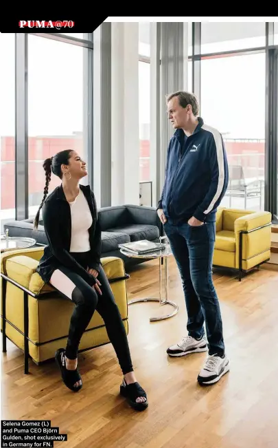  ?? Selena Gomez (L) and Puma CEO Björn Gulden, shot exclusivel­y in Germany for FN. ??