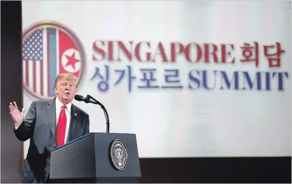  ?? SEONGJOON CHO BLOOMBERG ?? U.S. President Donald Trump speaks after his summit meeting with Kim Jong Un.