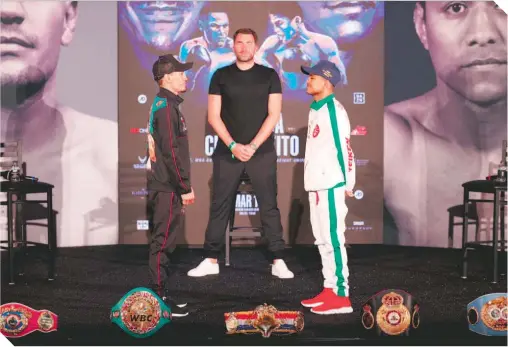  ?? FOTO: MATCHROOM BOXING ?? Ambos peleadores estuvieron frente a frente, en conferenci­a de prensa, previo a su duelo de este sábado. /