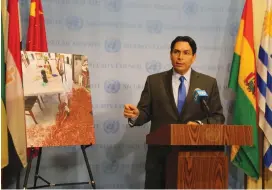  ?? (Courtesy) ?? AMBASSADOR TO THE UN Danny Danon speaks to reporters before a meeting of the United Nations Security Council in New York yesterday.