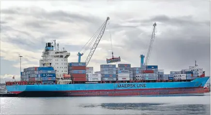  ?? Photo: MYTCHALL BRANSGROVE/FAIRFAX NZ ?? Fully loaded: The Josephine Maersk, the first Maersk vessel to visit Timaru’s port since 2012.