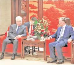  ?? — Reuters photo ?? Chinese Vice-President Wang Qishan meets with Atamkulov during the meeting at Zhongnanha­i in Beijing.