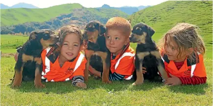  ??  ?? Lily, Henry and Zara Peacock with huntaway puppies on Waitere Station.