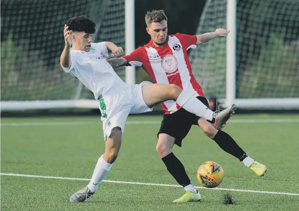  ??  ?? Sunderland West End crashed out of the FA Vase with a 3-2 home defeat to Cleator Moor Celtic, in white, at at Ford Hub Sports Complex, Sunderland. Picture: Tim Richardson.