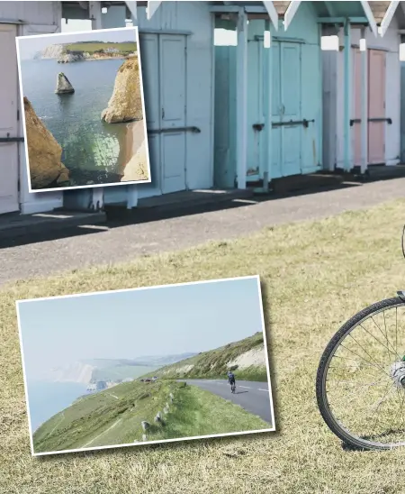  ??  ?? Loree Westron in front of the beach huts which feature in Missing Words. Picture: Mike Cooter (250621). Insets: two inspiratio­nal Isle of Wight landscapes.