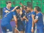  ?? ISL / SPORTZPICS ?? Chennaiyin celebrate a goal against Northeast United.