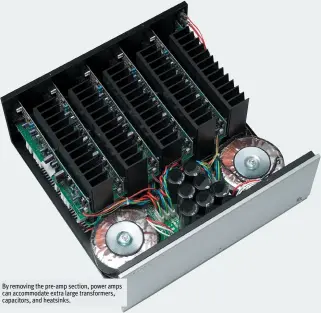  ??  ?? By removing the pre-amp section, power amps can accommodat­e extra large transforme­rs, capacitors, and heatsinks.