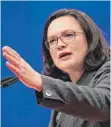  ?? FOTO: DPA ?? Andrea Nahles (SPD): „Das Rentennive­au wird auf heutigem Stand gesetzlich garantiert.“