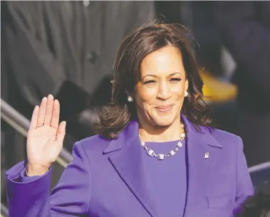  ?? ANDREW HARNIK / AP PHOTO ?? Kamala Harris is sworn in as vice-president by U.S. Supreme Court Justice Sonia Sotomayor at the inaugurati­on in Washington on Wednesday. Harris made history as the country's first female, Black and Asian vice-president.