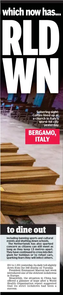  ??  ?? Sobering sight: Coffins lined up at a church in Italy’s worst-hit city yesterday