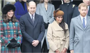  ??  ?? Family gathering: the Duke and Duchess of Cambridge alongside the Duke and Duchess of Sussex at the Christmas Day church service last year. Below: Princess Charlotte with her mum at Meghan and Harry’s wedding