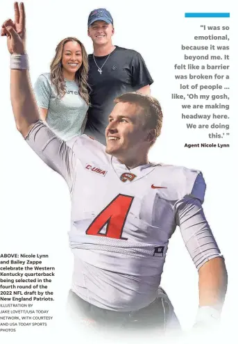  ?? ILLUSTRATI­ON BY JAKE LOVETT/USA TODAY NETWORK, WITH COURTESY AND USA TODAY SPORTS PHOTOS ?? ABOVE: Nicole Lynn and Bailey Zappe celebrate the Western Kentucky quarterbac­k being selected in the fourth round of the 2022 NFL draft by the New England Patriots.