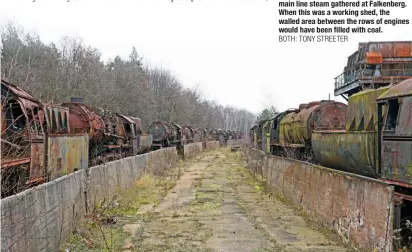  ?? BOTH: TONY STREETER ?? Witnesses to the end of East German main line steam gathered at Falkenberg. When this was a working shed, the walled area between the rows of engines would have been filled with coal.