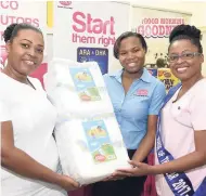  ??  ?? LASCO Breakfast and Baby Care Brand Manager Krishta-Gay Lewis Harewood (centre) and LASCO Nurse of the Year 2017-18 Natalie HyltonLevy (right) gift the antenatal clinic at Bog Walk Health Centre with LASCO Jack and Jill Diapers at the LASCO new year...